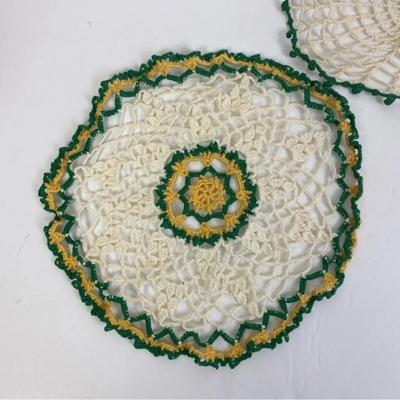 Vintage Lace Crochet Doily Cream Tan Bundle of Two Yellow Green Pink Floral - Picture 5 of 11